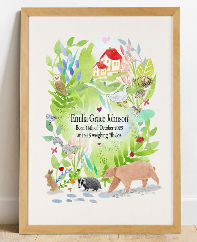 Nursery Woodland Personalised Birth Date & Name Print