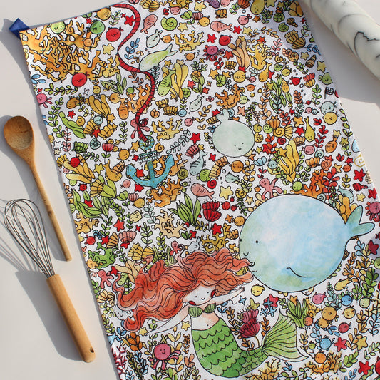 'Mermaid & Whale' Cotton Tea Towel